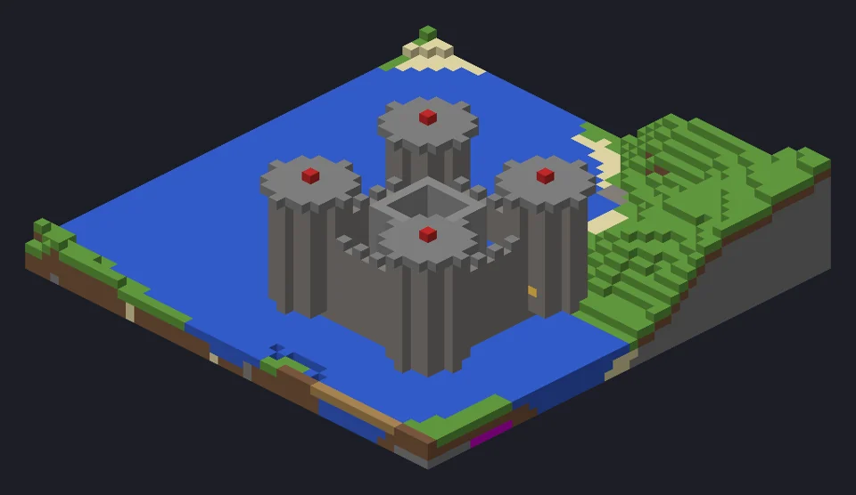 Pixel stone castle with four round towers on a lake